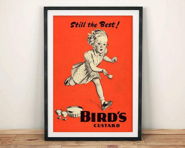 BIRDS CUSTARD POSTER: Vintage Food Advert, Red Girl Art Print - Pimlico Prints