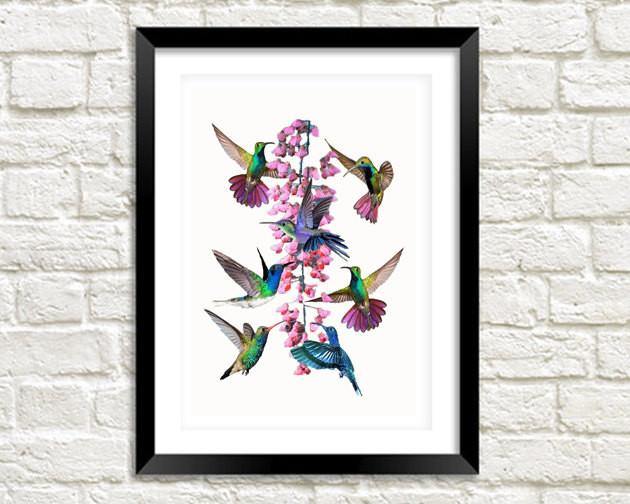 HUMMINGBIRDS ART PRINT: Vintage Birds and Pink Flower - Pimlico Prints