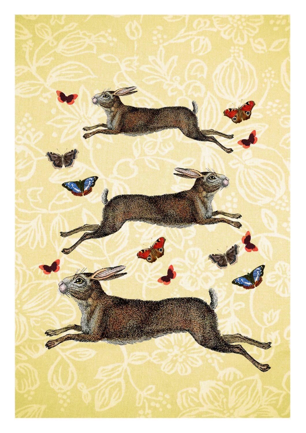 HARES & BUTTERFLIES PRINT: Vintage March Hares Leaping - Pimlico Prints