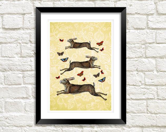 HARES & BUTTERFLIES PRINT: Vintage March Hares Leaping - Pimlico Prints