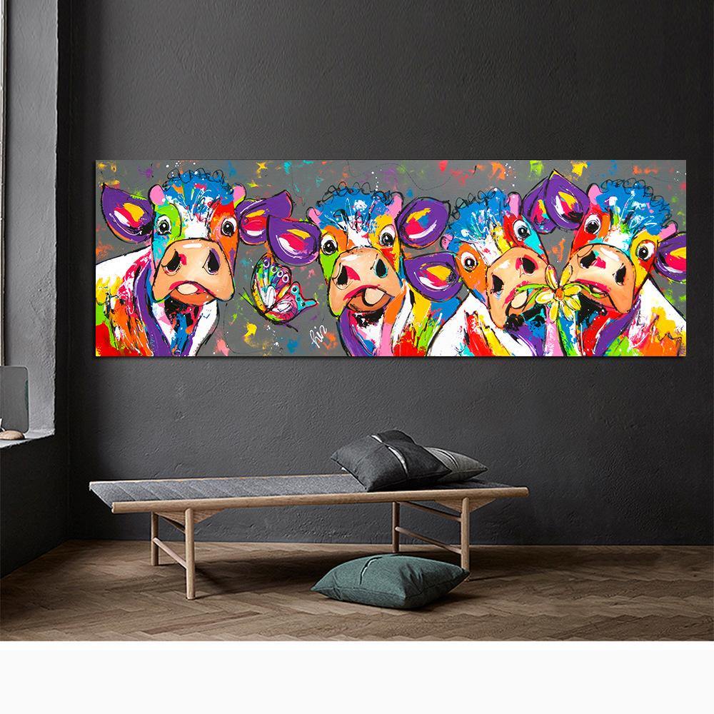 COLOURFUL COW ART: Long Rainbow Coloured Animal Canvas Print - Pimlico Prints