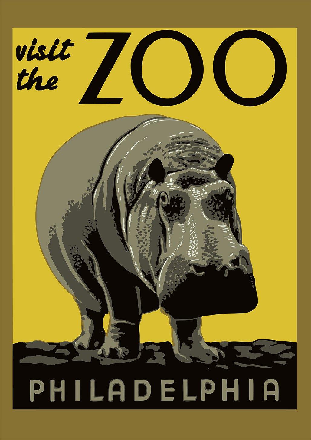 PHILADELPHIA ZOO POSTER: Vintage Visit the Zoo Hippo Print - Pimlico Prints